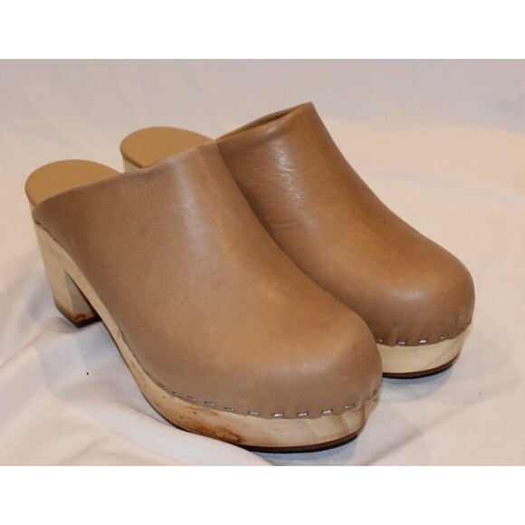 Nisolo Leather Closed Toe Slip On Wooden All Day Mule Heeled Clogs ALMOND - Picture 3 of 7